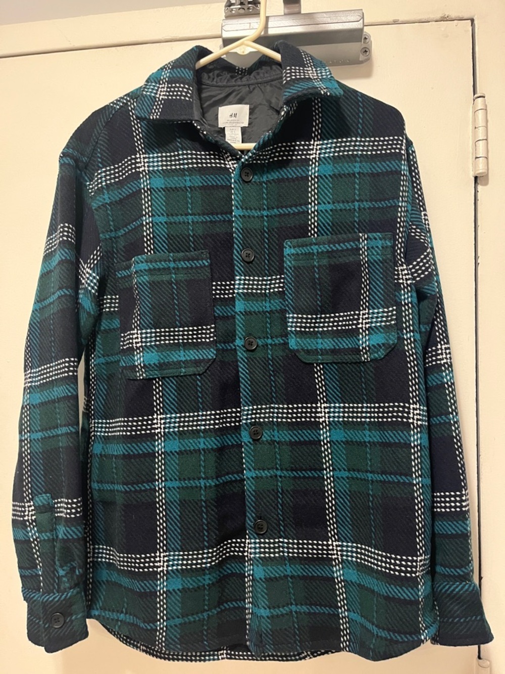 H&M Teal and Black Plaid Button-Front Shirt Jacket